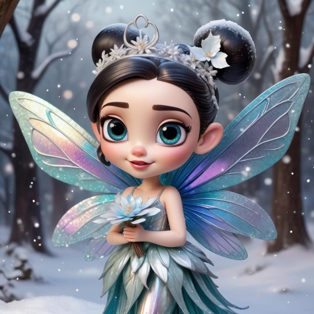 full body image of Disney Pixar style 3D beautiful fairy, big expressive eyes, hair in a bun, with glittery sparkly irid...