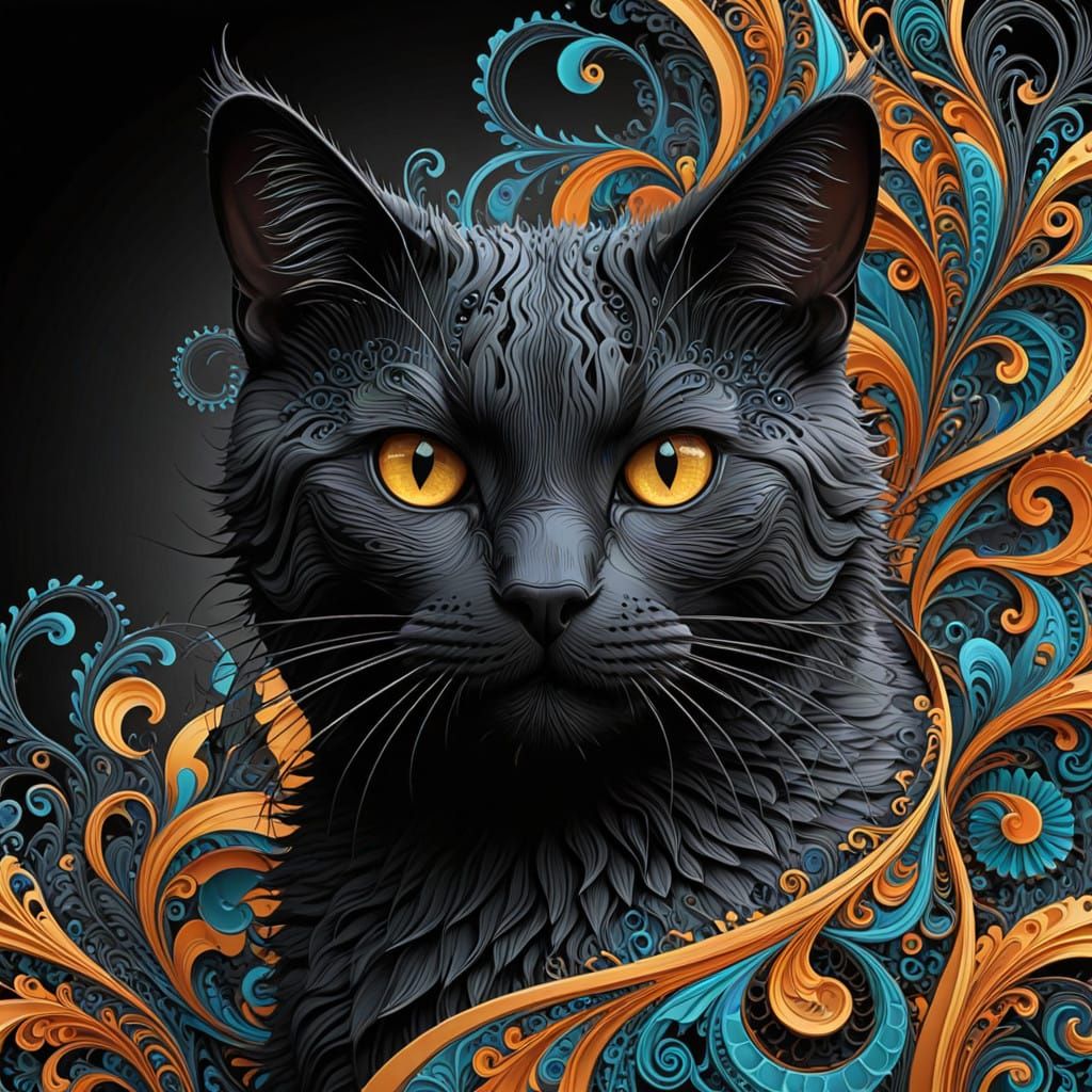 Fractal Black Cat in Abstract Wave Function Art