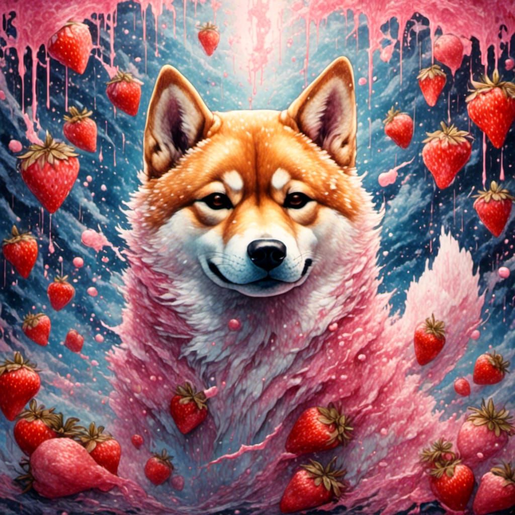 Shiba Inu and Strawberry Explosion in Watercolor Style