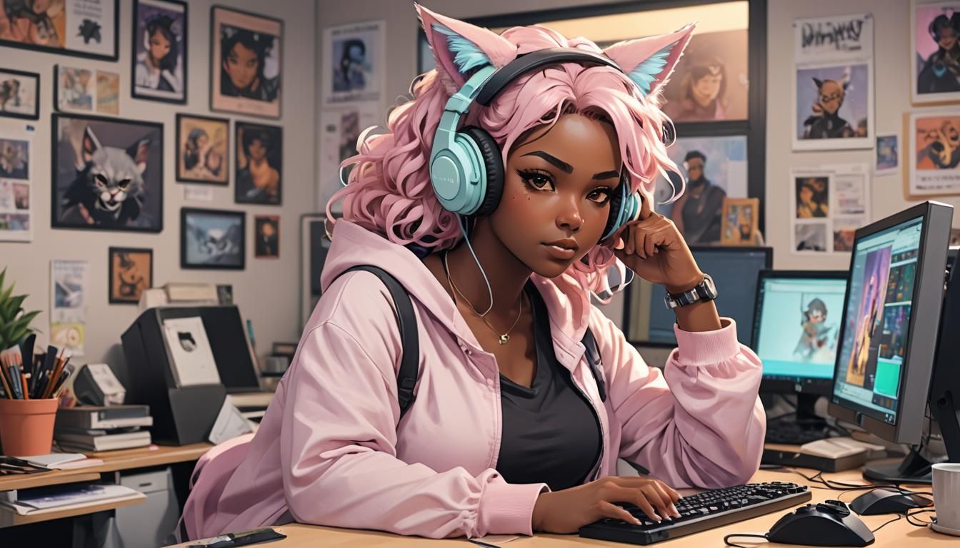 Anime Gamer Girl in 90s Style, Cel-Shaded Portrait