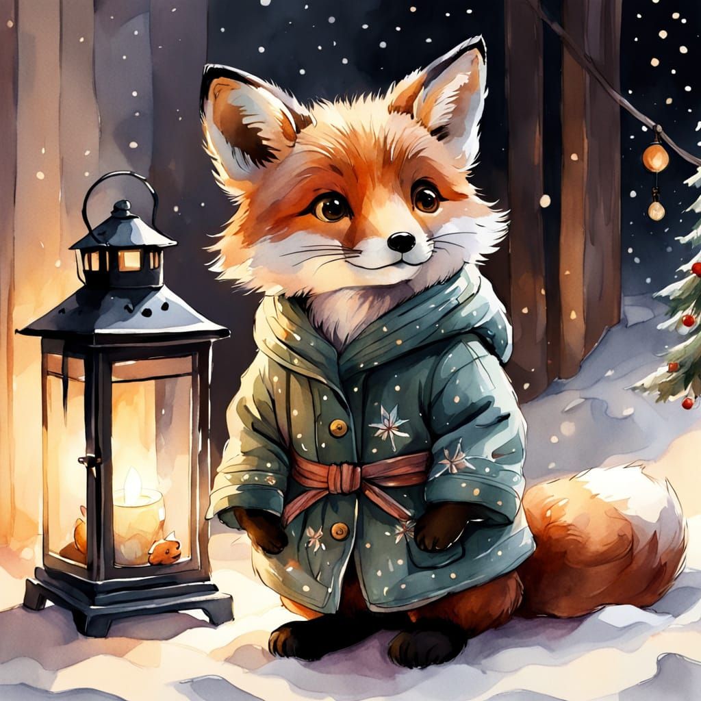 Cozy Fox Cub in Pajamas Holding Lantern, Watercolor Sketch