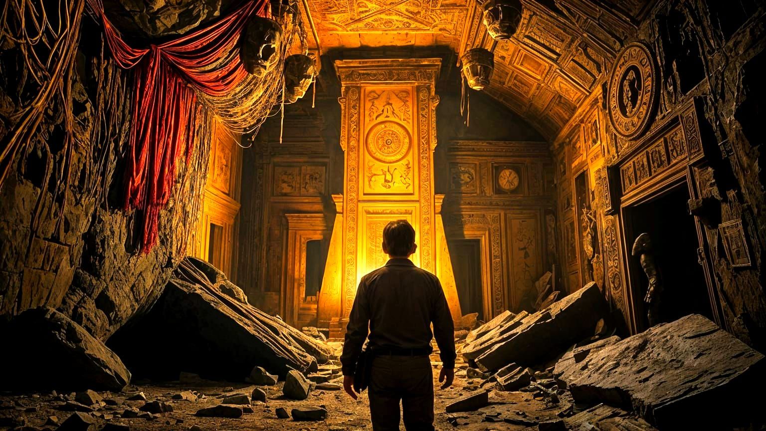 Retro Haunt: Eerie VHS Ruin with Ancient Structure