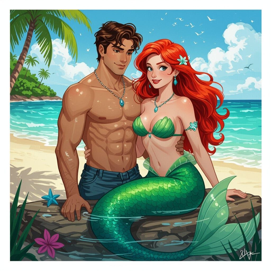 Redheaded Mermaid on Tropical Beach in Comic Book Style
