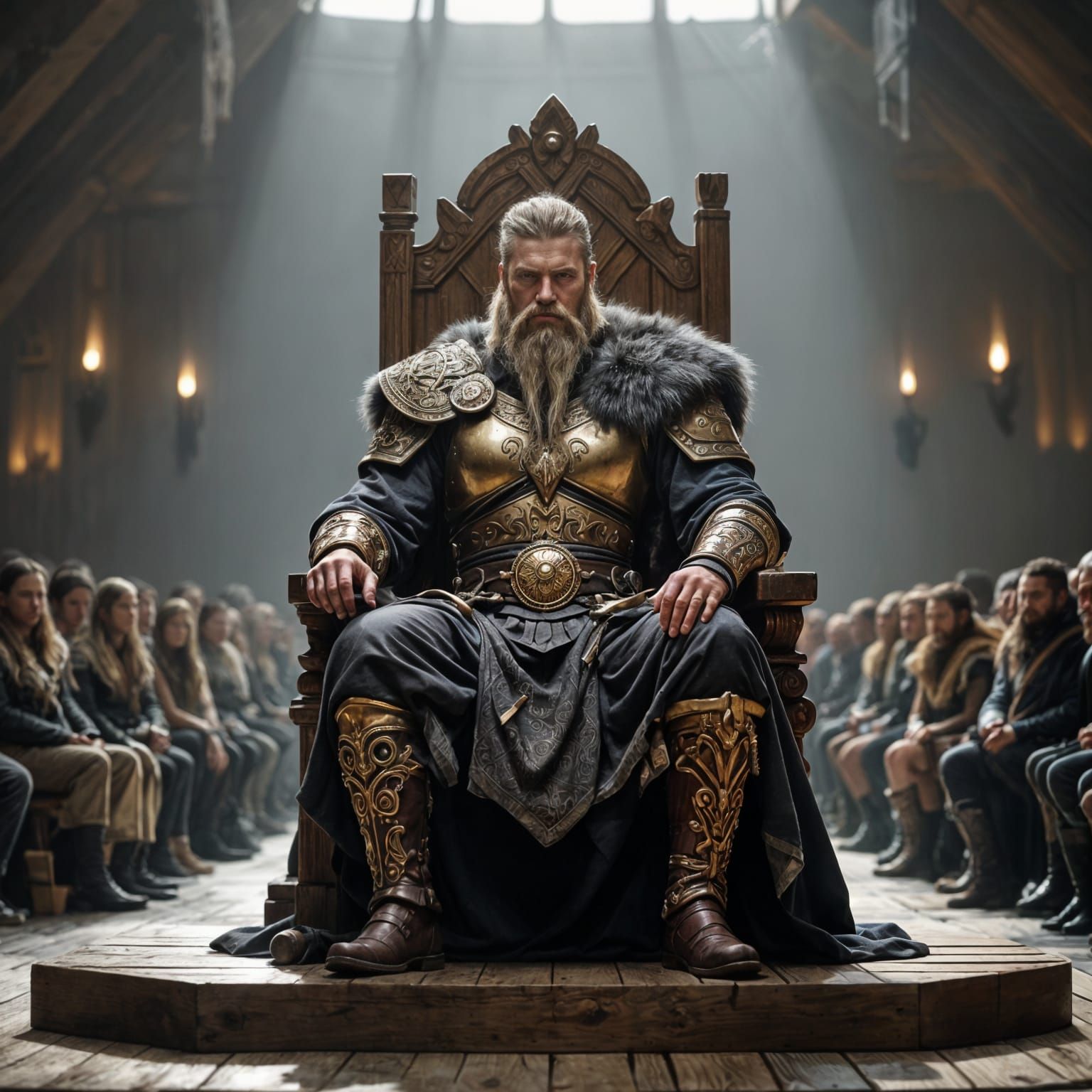 Viking King on Throne in Minimalist Longhall