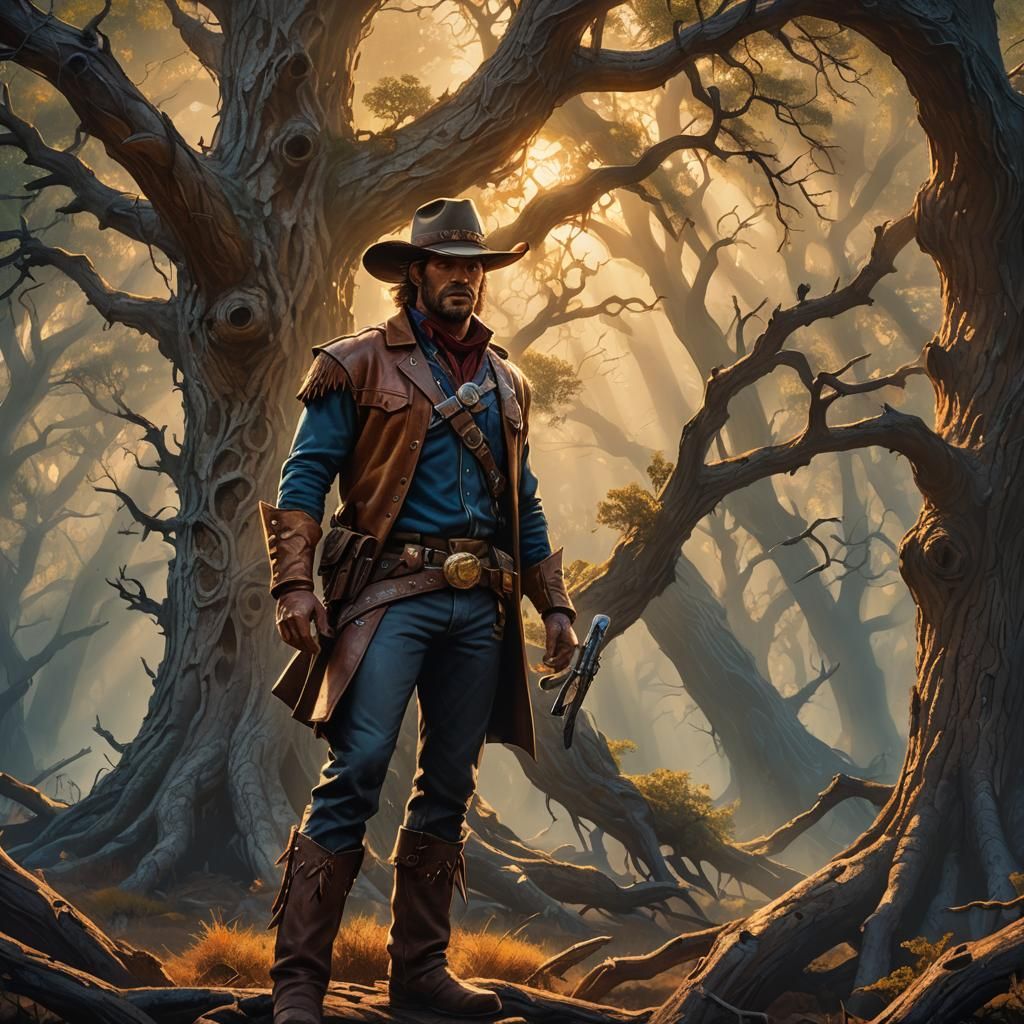 Cowboy and Mythical Tree in Fantasy Forest