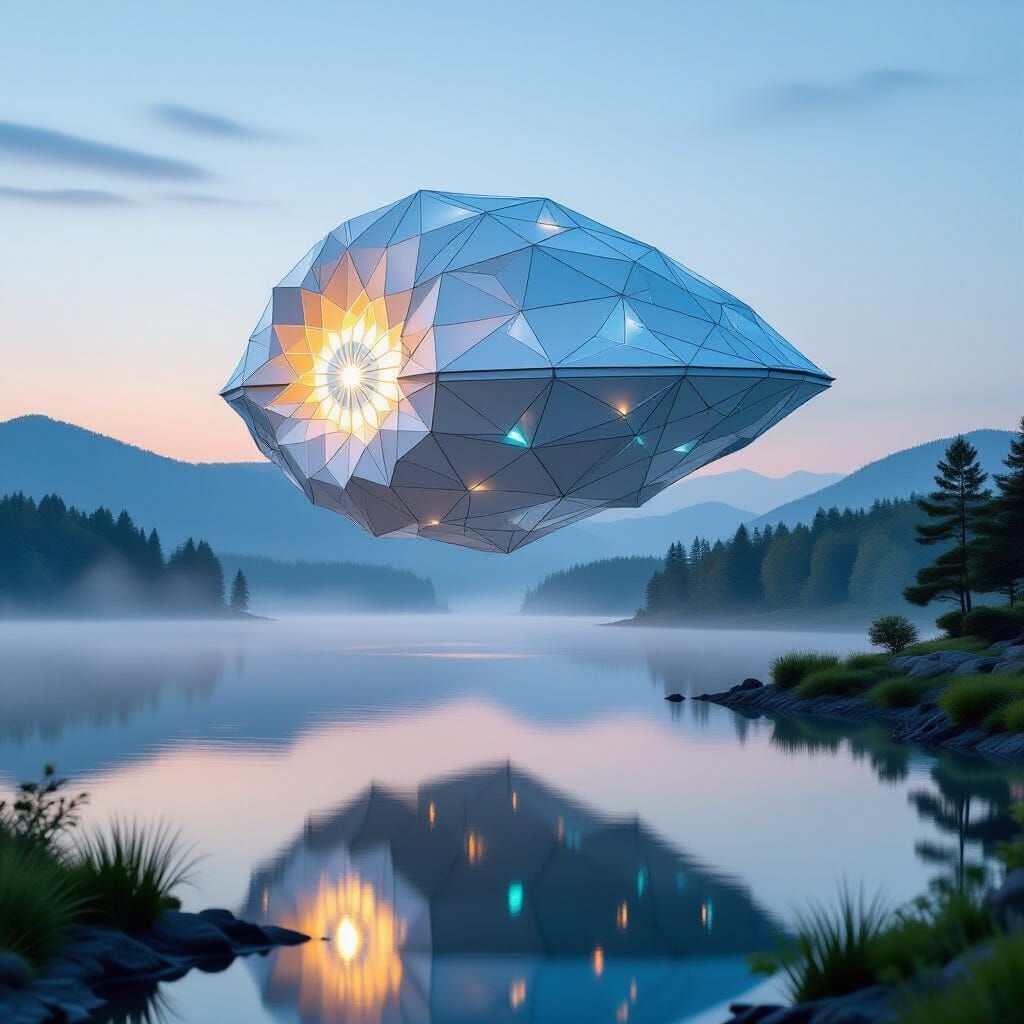 Alien Spaceship Over Lake in Papercraft Style