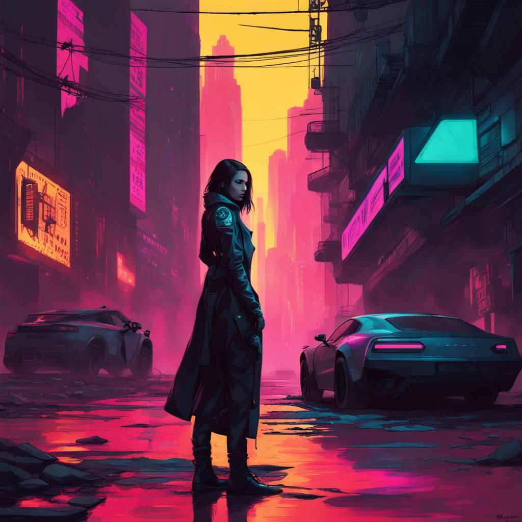 Cyberpunk Noir Detective in Dystopian Cityscape