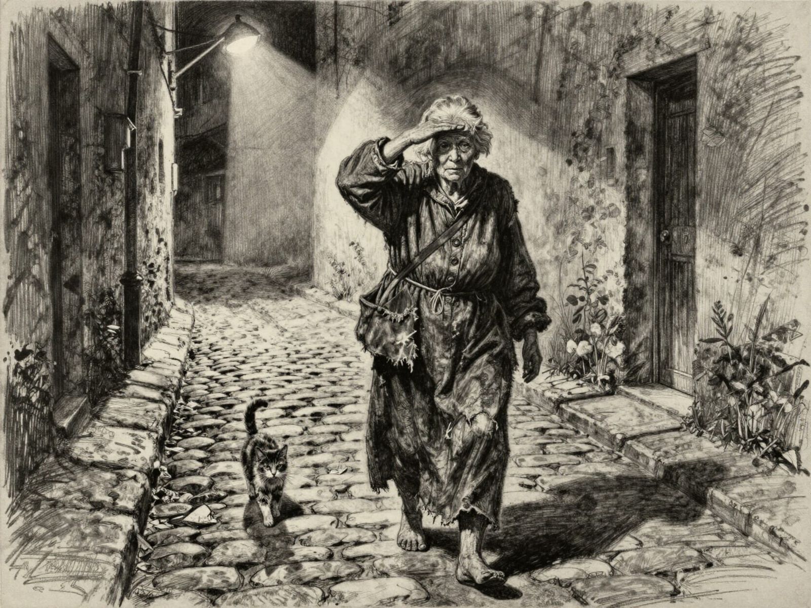 Blind Woman in Tattered Rags on Cobblestone Alley