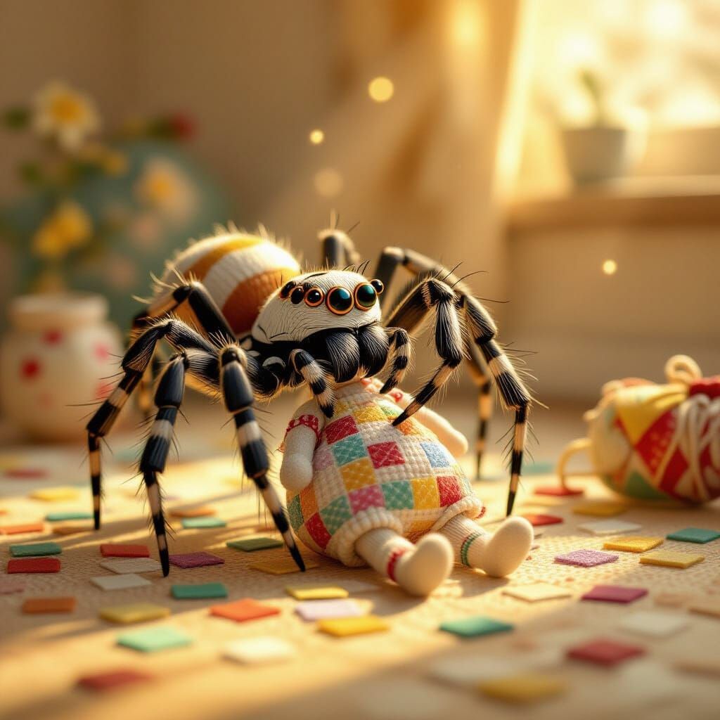 Whimsical Spider Crafts a Doll in Golden Light