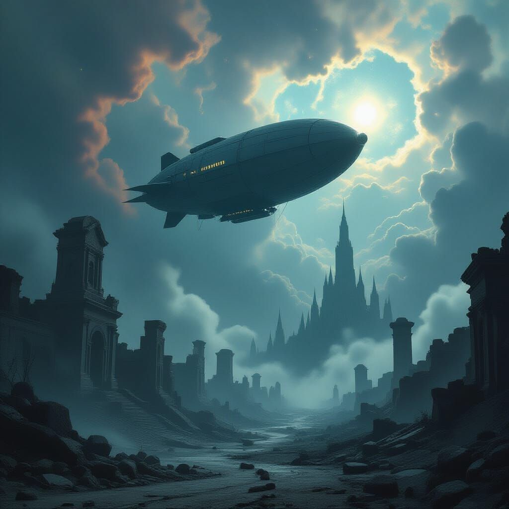 Airship Over Ruined City Under Alien Sky