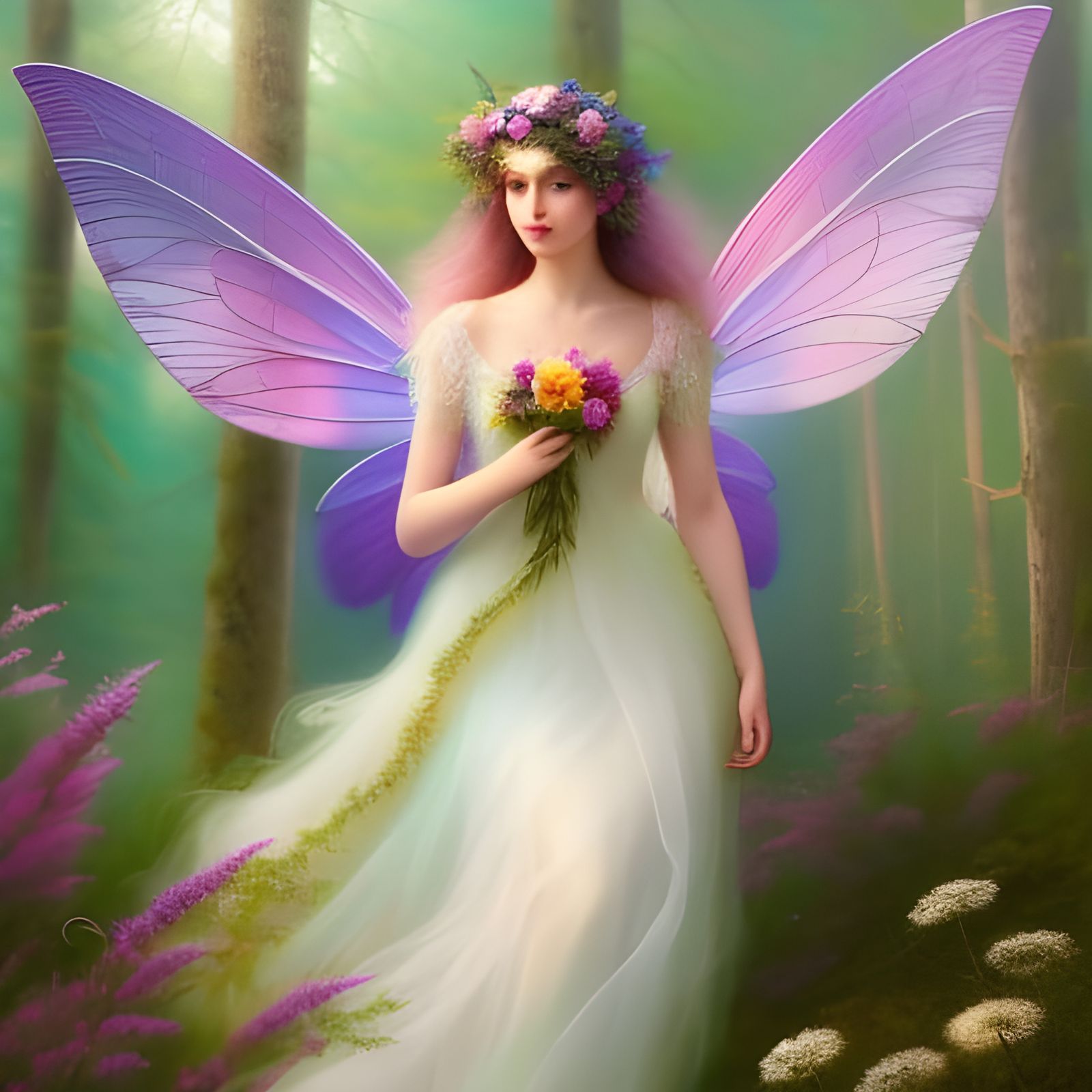 young, winged fairy, flowers, pastel colors, in the forest n...