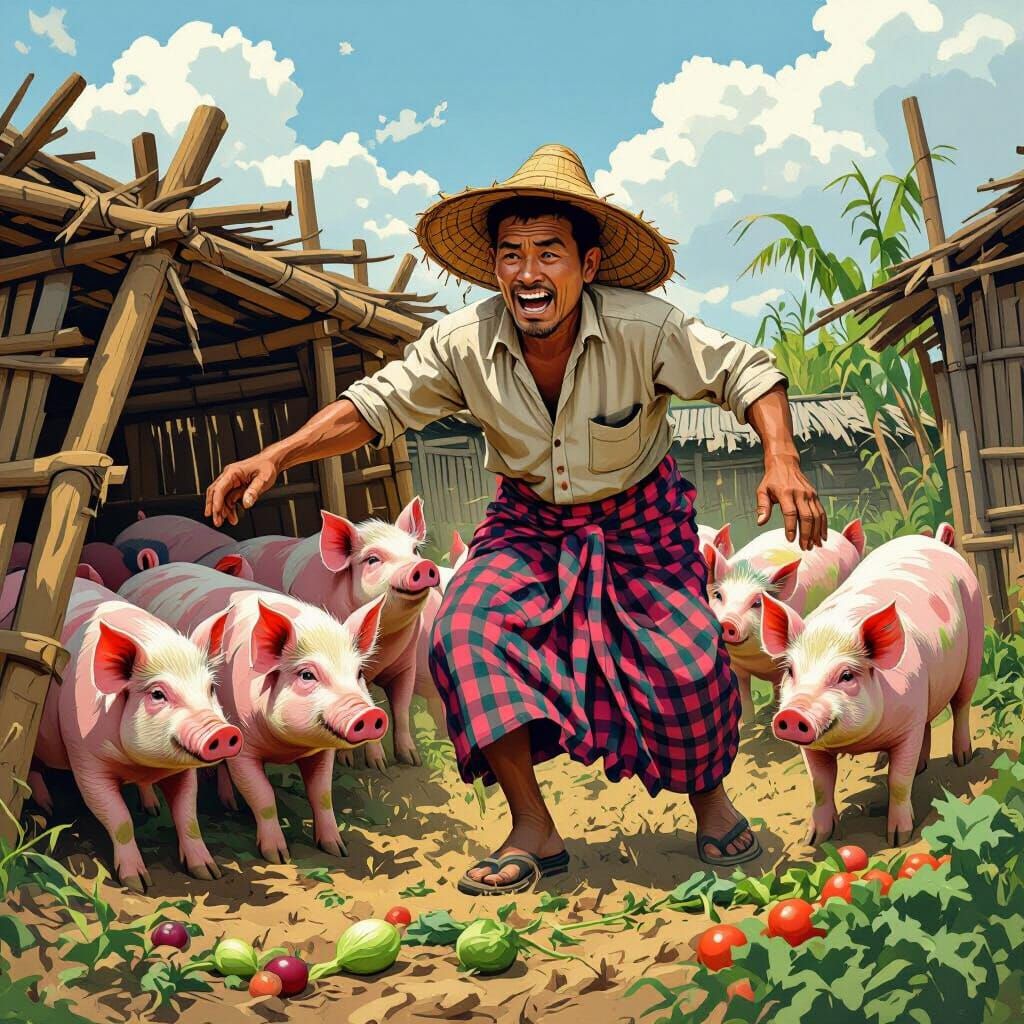 Myanmar Farmer's Cartoon Pig Escape: Dynamic Action