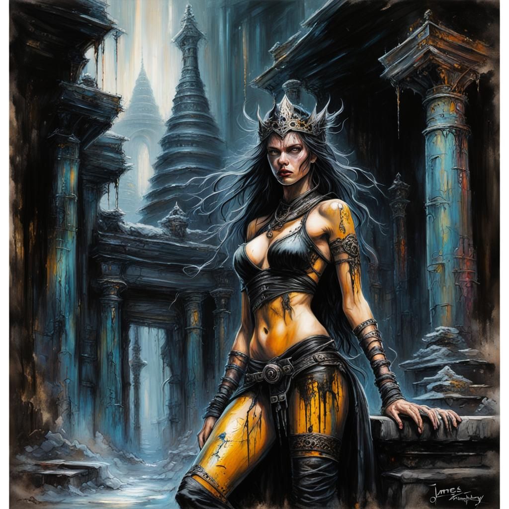 Dark Princess in Temple: Royo Style Oil Painting