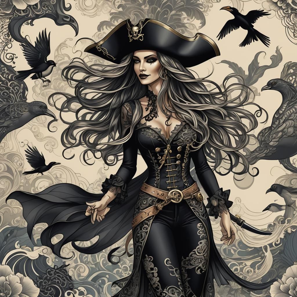 Pirate Woman on Tropical Island with Ships