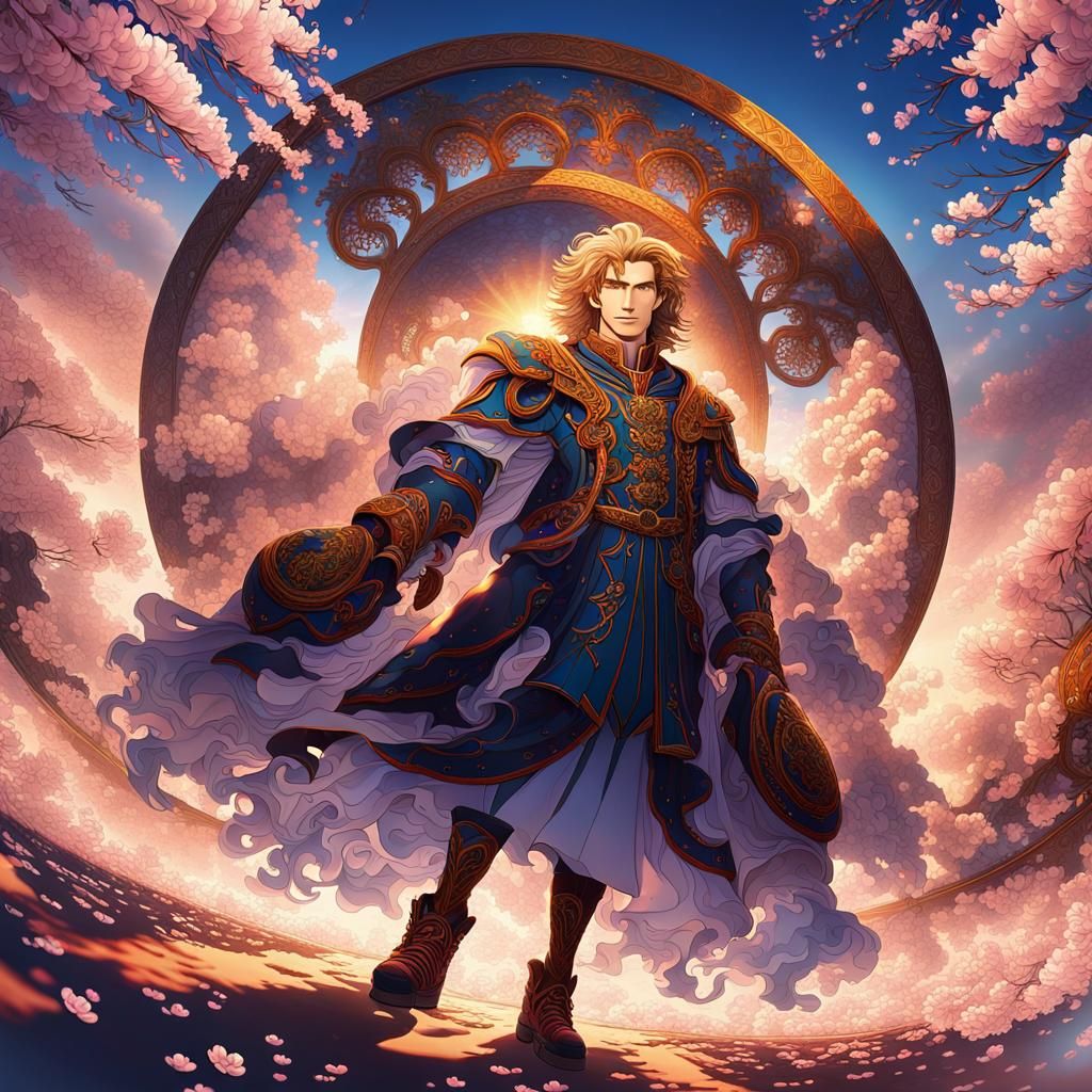 Anime Boy in Sunset Cherry Blossom Digital Art