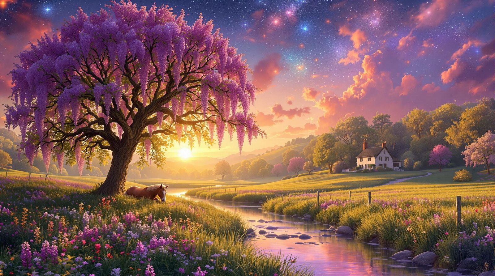 Surreal Irish Countryside at Golden Hour with Majestic Pony