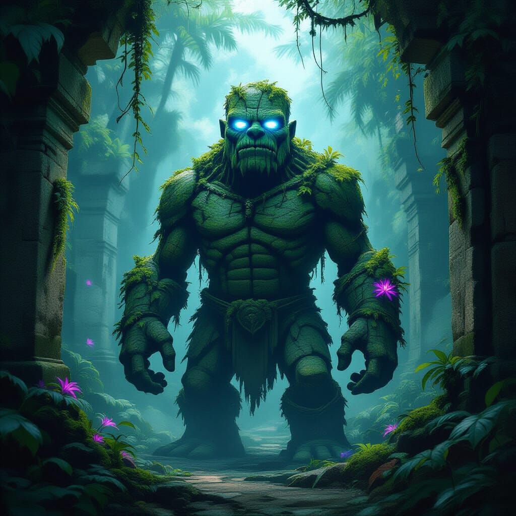 Ancient Golem Guards Jungle Temple in Dark Fantasy Style