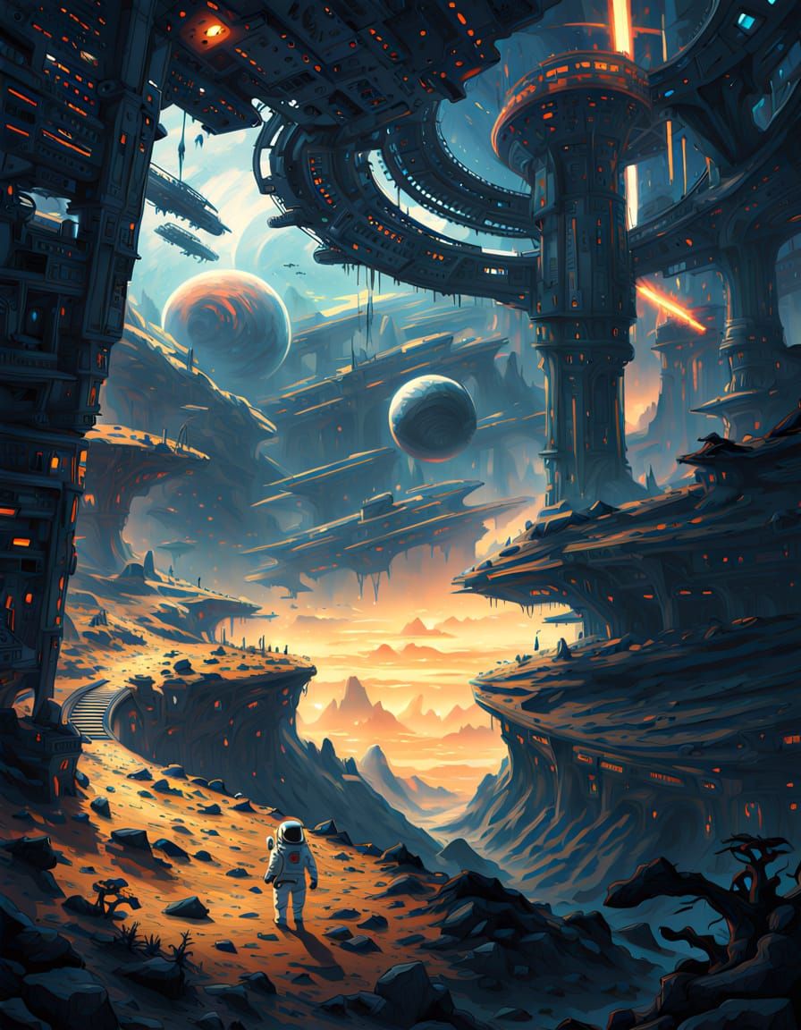 Astronaut on Alien Planet with Double Sunset