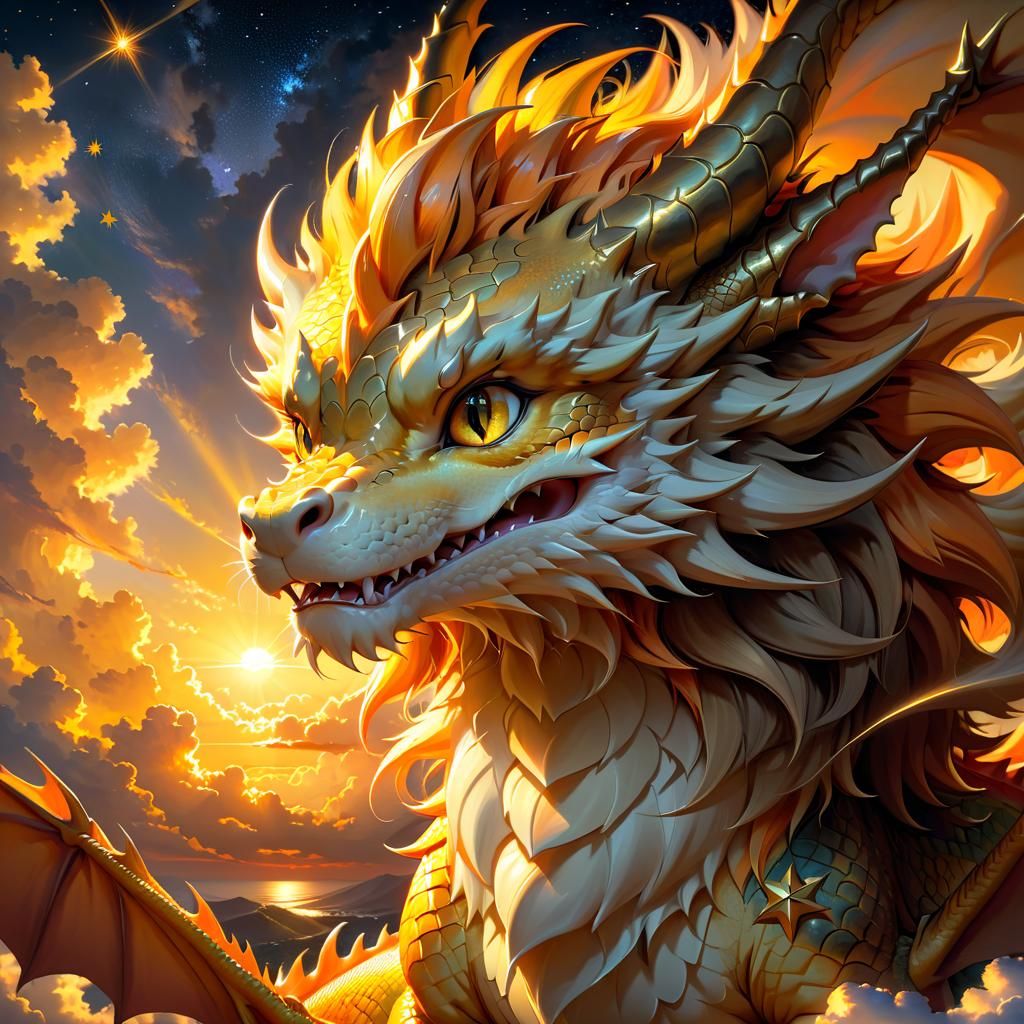 Mythical Lion-Maned Dragon Roaring at Sunset