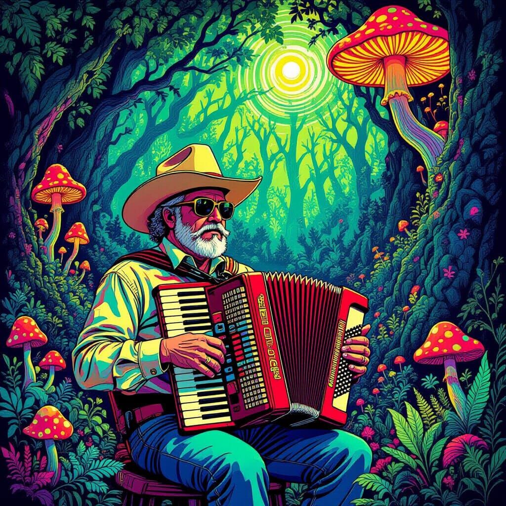 Accordionist in Psychedelic Forest, Moebius Style