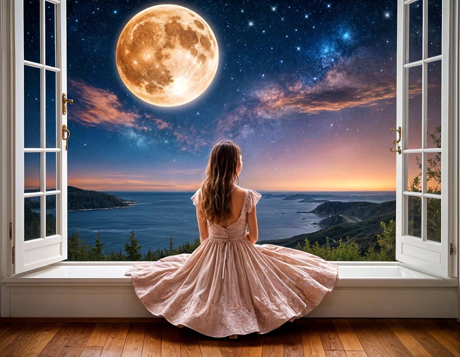 Whimsical Starlight Scene with Young Girl and Cat