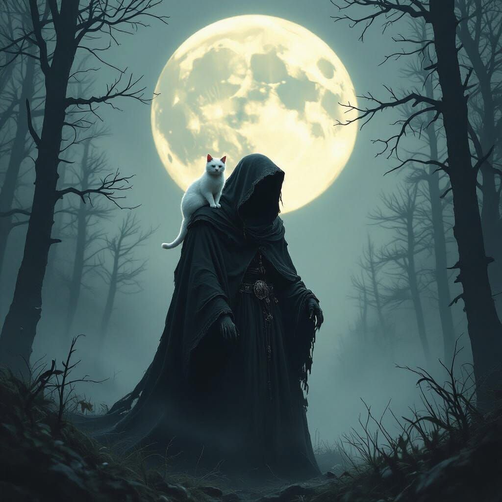 Grim Reaper and White Cat in Moonlit Gothic Forest
