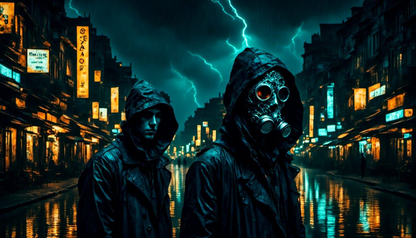 Man in Purge Mask in Neon Rainstorm