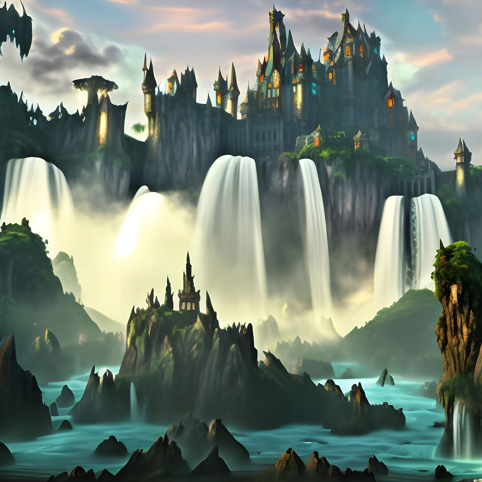 Huge fantasy castle, huge waterfall