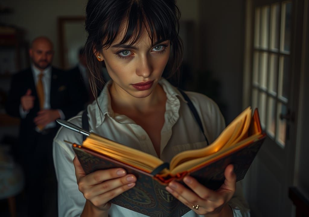 Woman Writes in Glowing Journal, Dissolving Reality