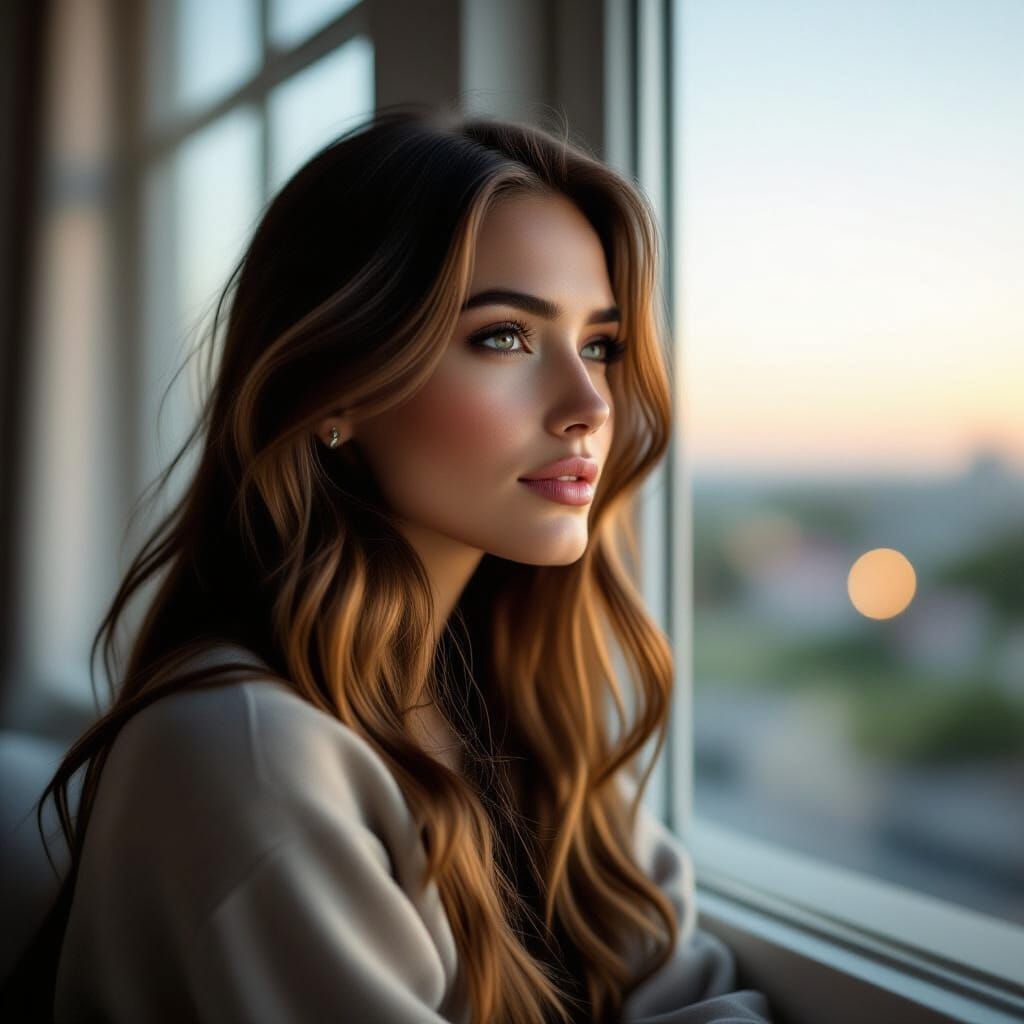Woman Gazing Horizon From Window