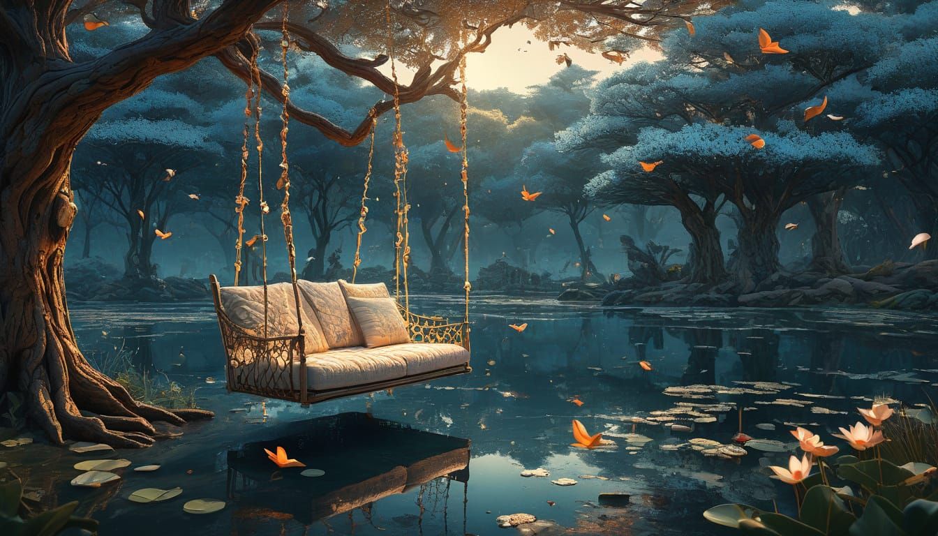 Zen Lotus Lake Hammock Chair at Golden Hour