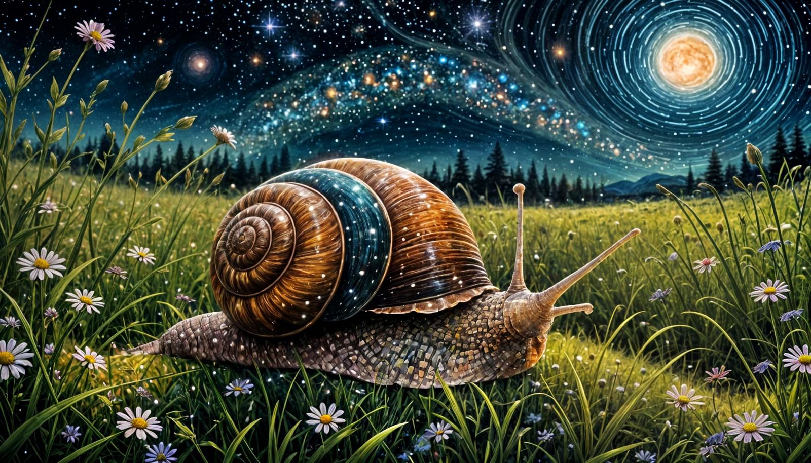 Galactic Snail Gliding Across Moonlit Meadow: Oil Glazing