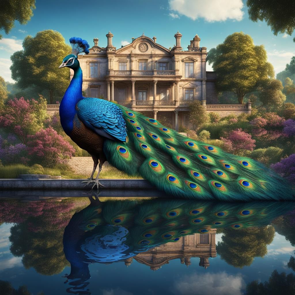 Peacock in Mansion Grounds: Detailed Matte Painting