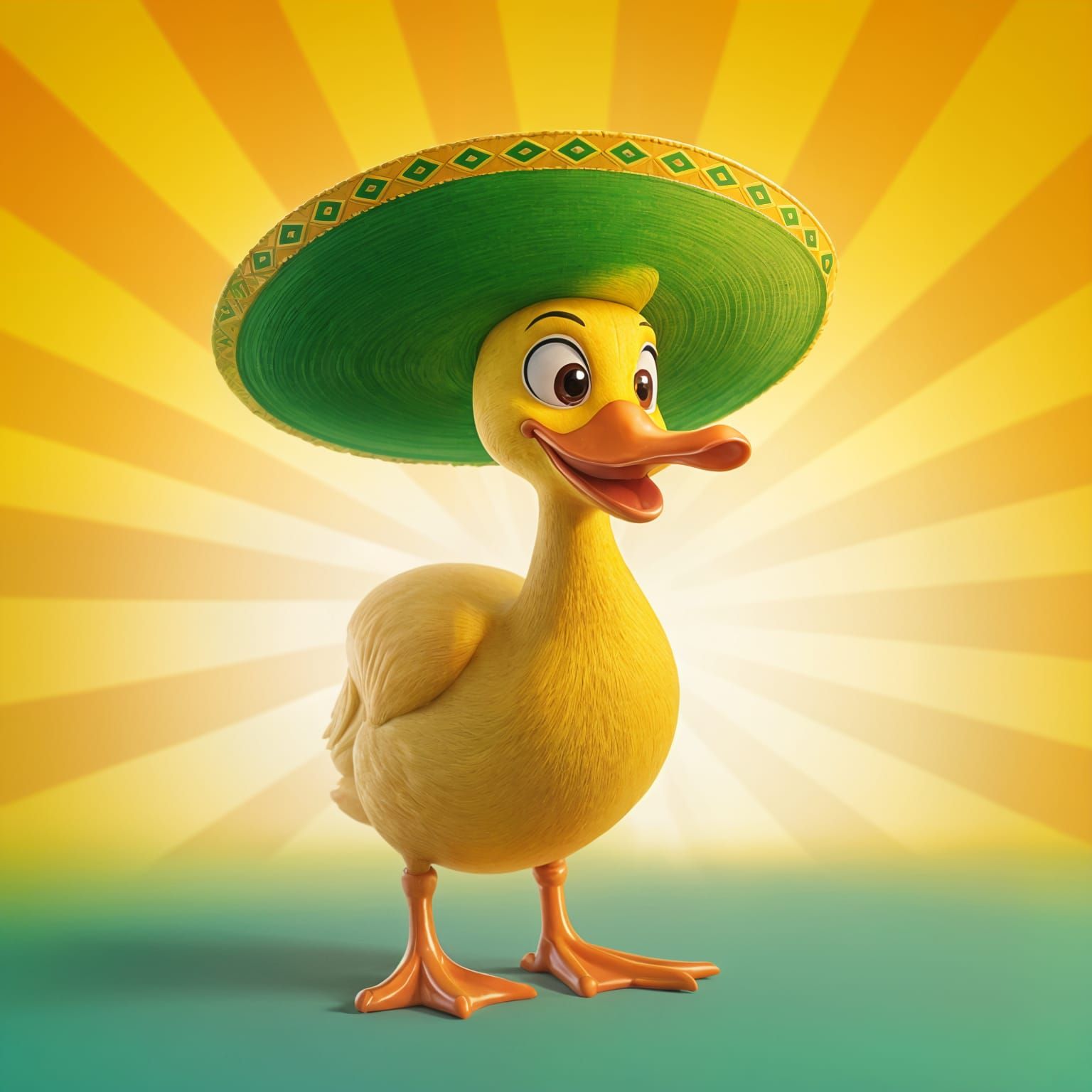 A yellow duck wearing a green and yellow sombrero.