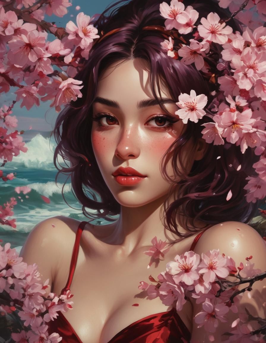 Garnet Portrait with Cherry Blossoms, Cell-Shaded Art