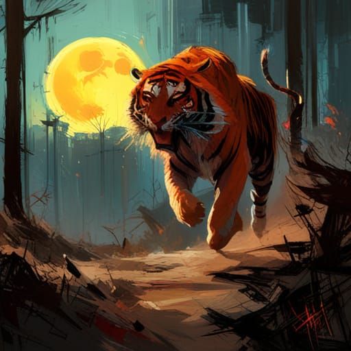 Royal Tiger Runs Under a Glowing Moon
