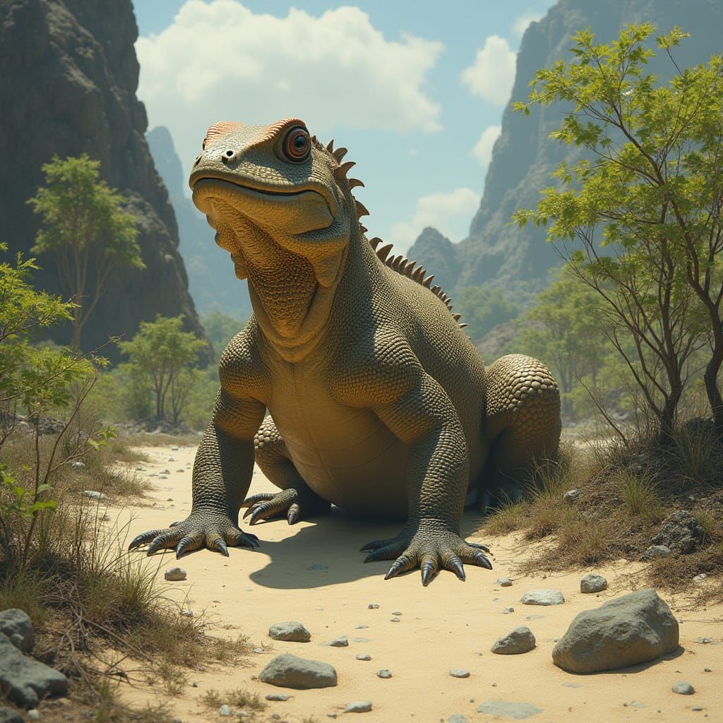 Mysterious Reptile in a Tropical Volcanic Landscape