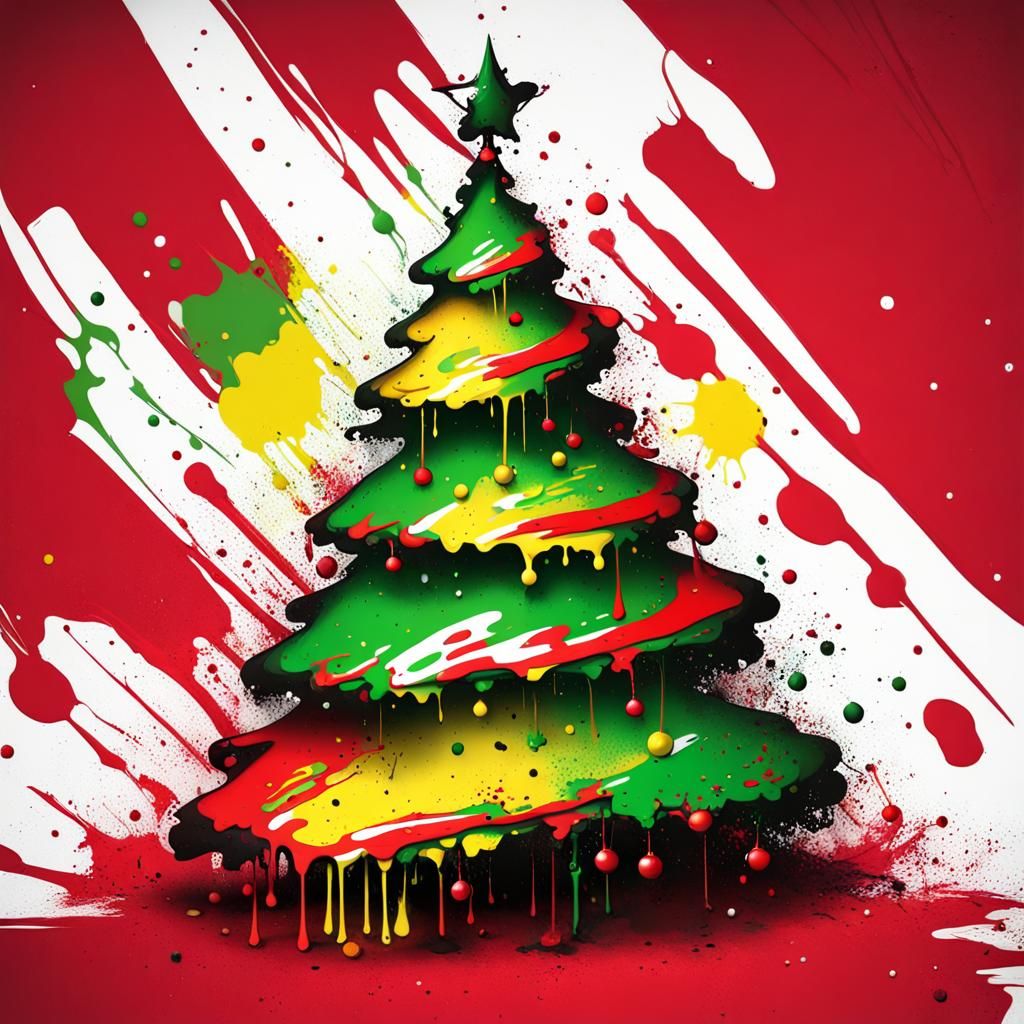 Ink splatter christmas tree red, green, yellow, white