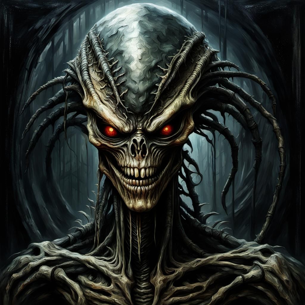 Grotesque Xenomorph Face in Gothic Impressionist Style