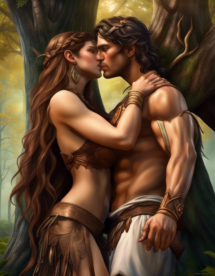 Athenian Man and Amazon Woman Embrace: Hyperrealistic Portra...