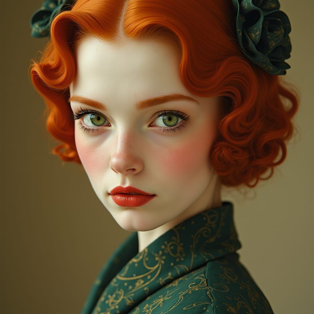 Glamorous Ginger Goddess in Dreamlike Art Deco Landscape