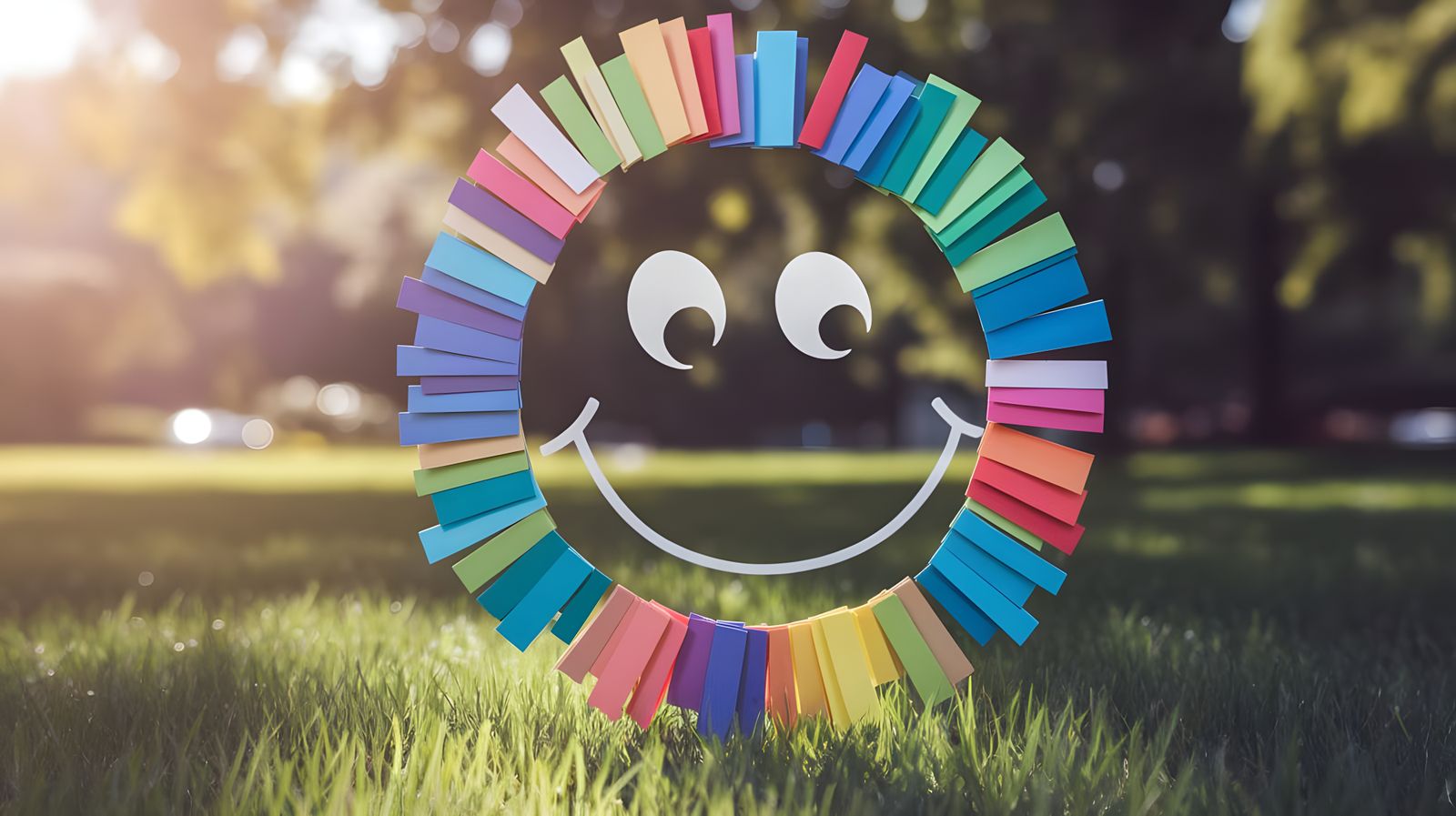 Whimsical Colorful Park Scene with Dancing Paper