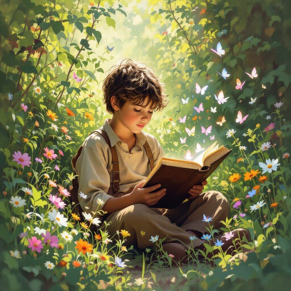 Boy Reading in Sun-Drenched Garden, Impressionistic Style