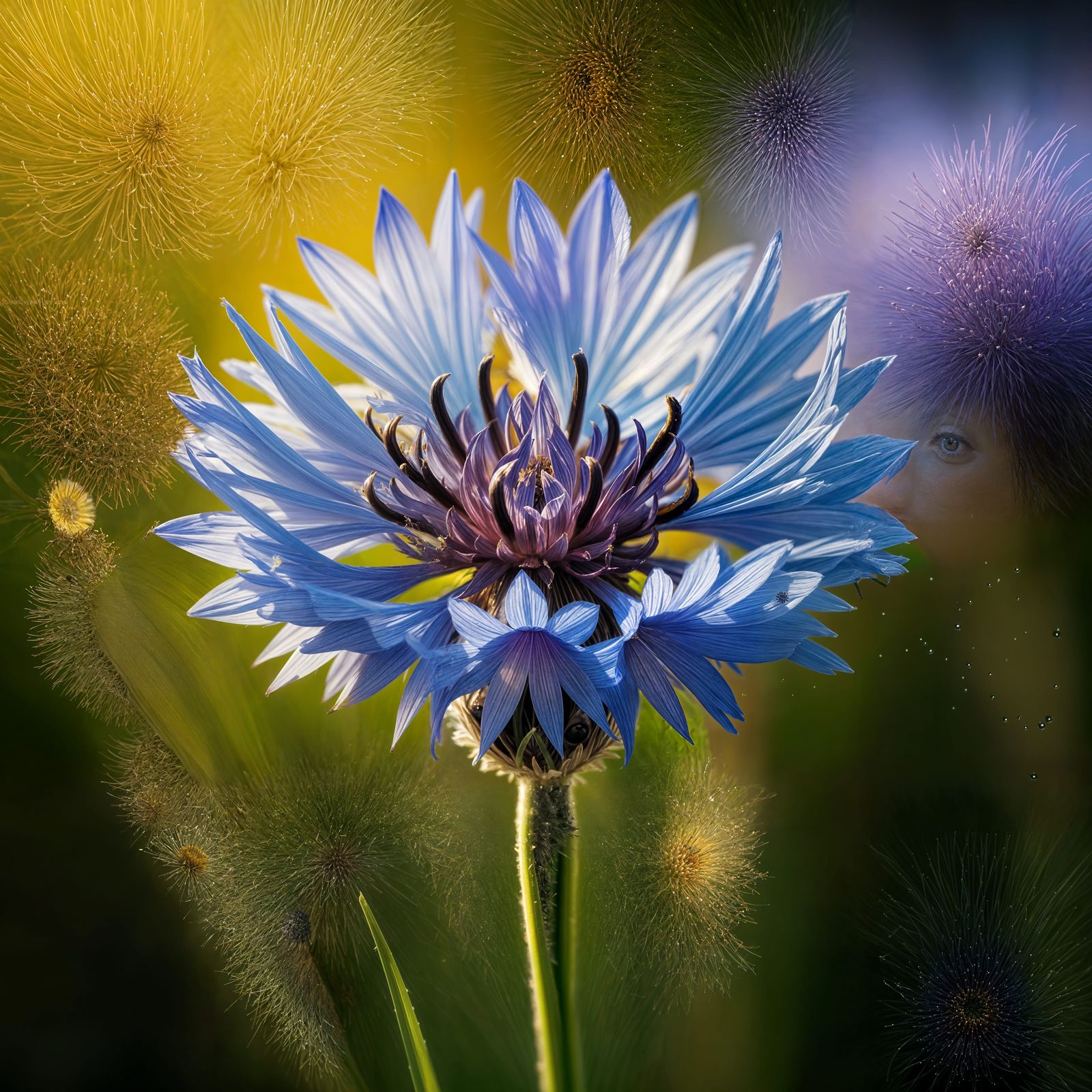 Hyperrealistic Macro of a Cornflower in Sunlight