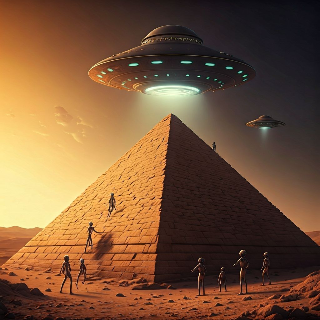 Aliens Assisting Egyptians Build Pyramid, Realistic Scene