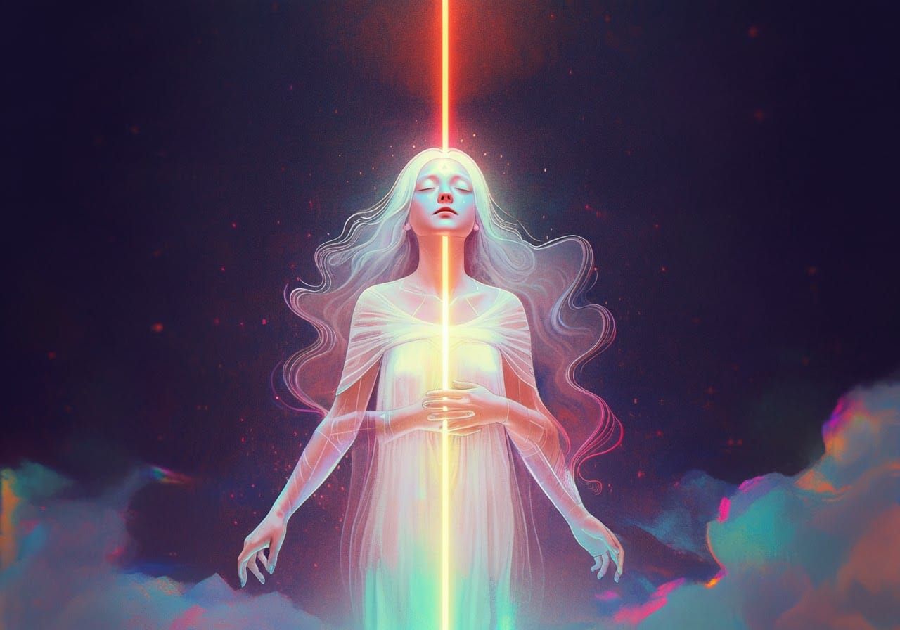 Ethereal Woman Ascends to Moon in Dreamlike Digital Art