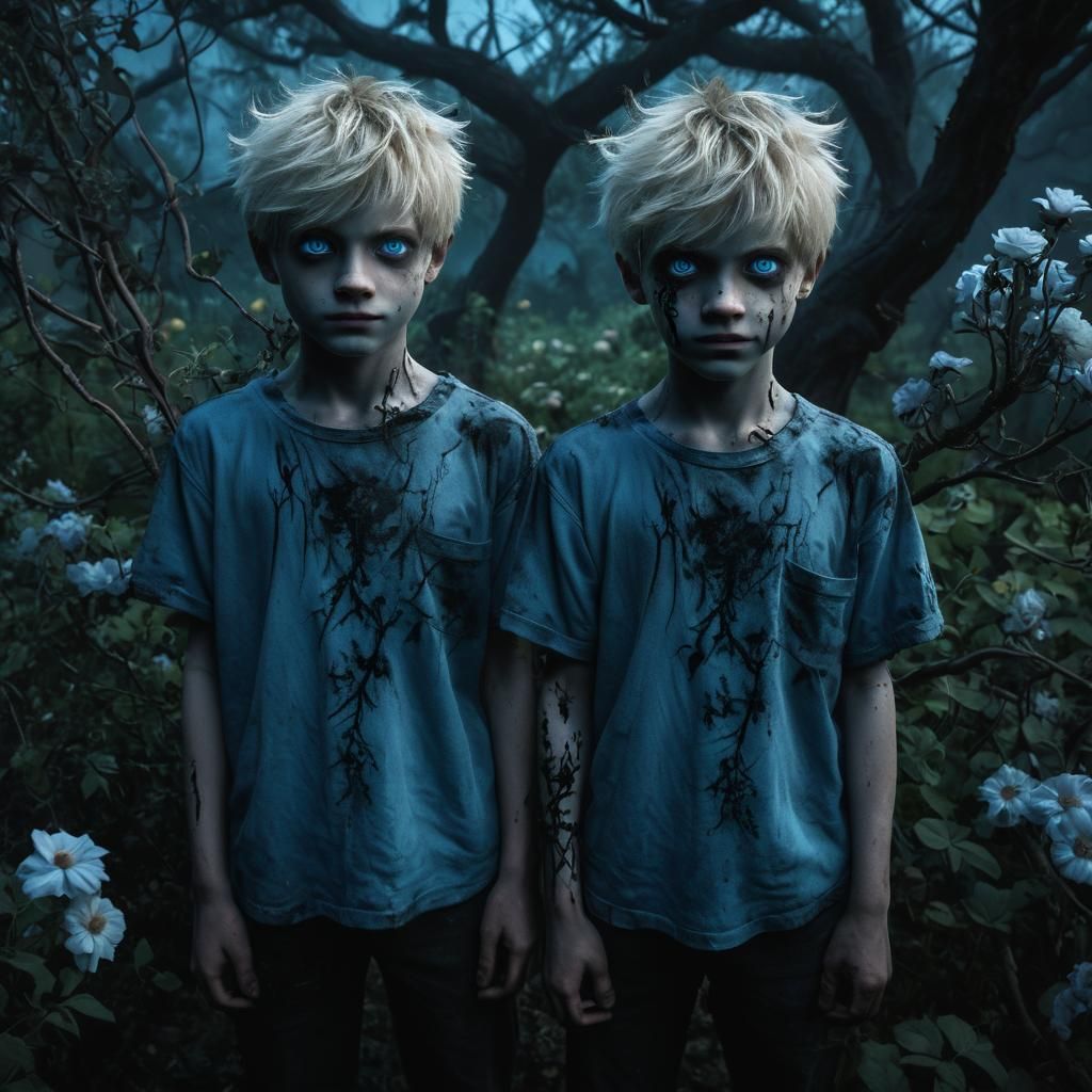 Unsettling Boys with Piercing Eyes in Eerie Twilight Garden