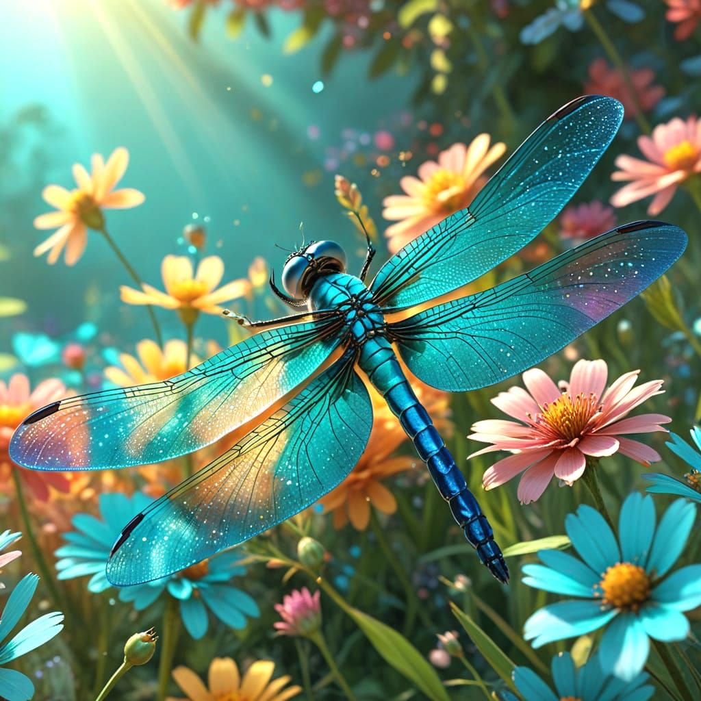 Turquoise Dragonfly Glimmers in Vibrant Digital Art