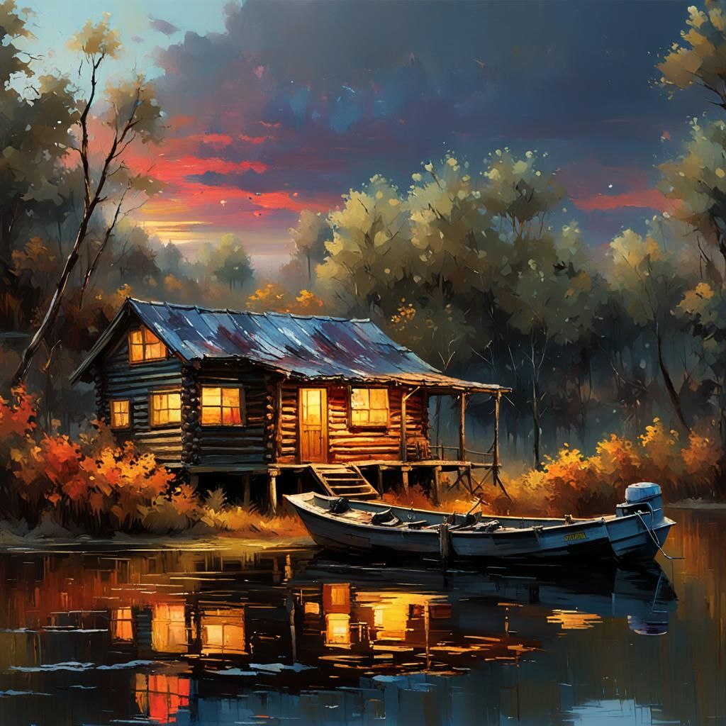 Bayou Log Cabin at Sunset: Detailed Matte Painting