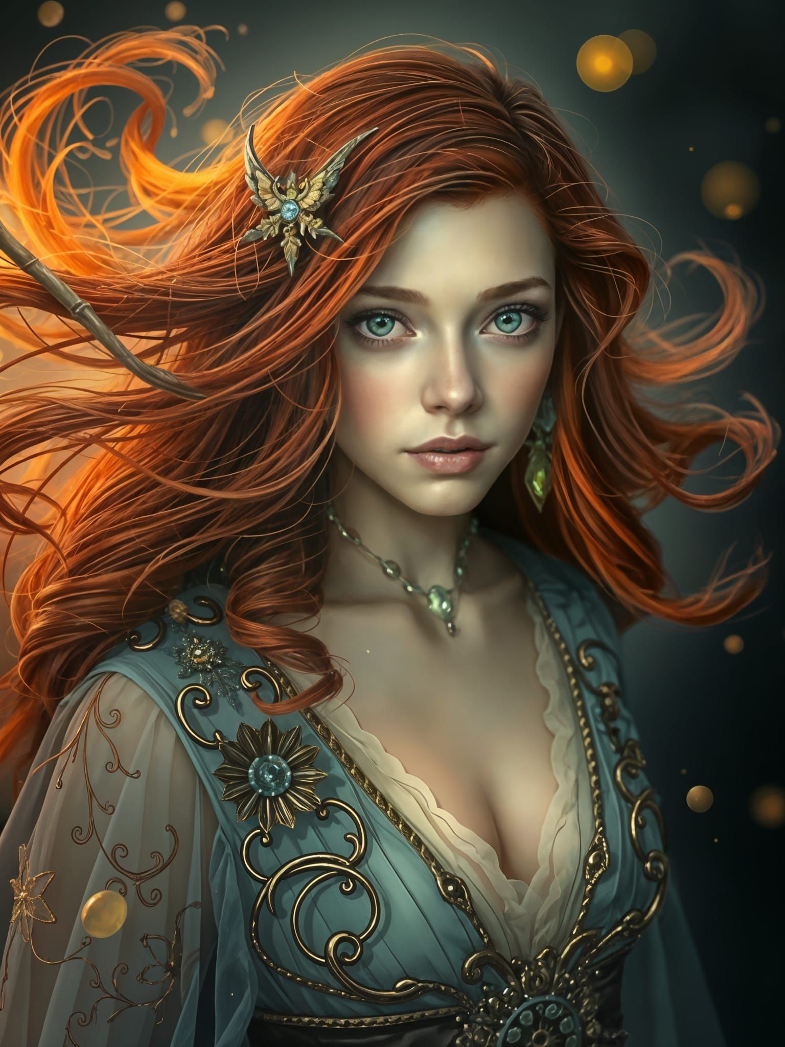 Gorgeous Witch in Sparkling Robes with Magical Embers